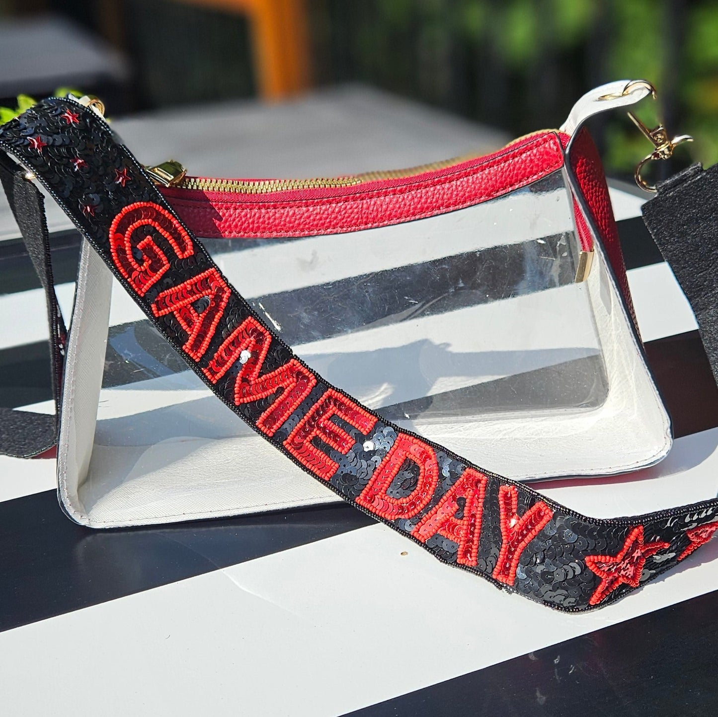 Clear Stadium Bag with Red Leather Trim