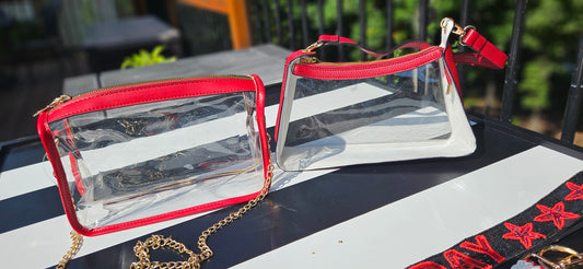 Clear Stadium Bag with Red Leather Trim