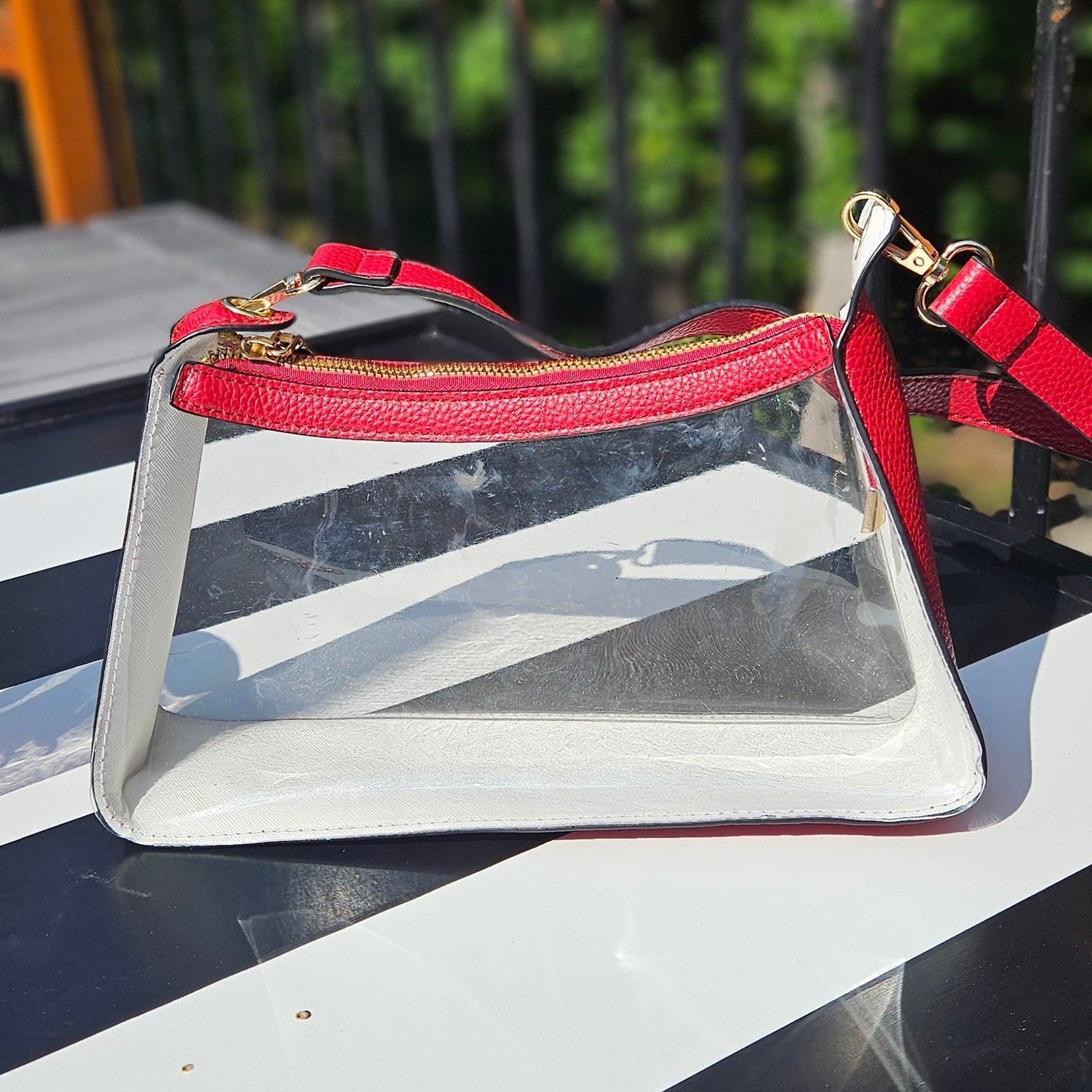 Clear Stadium Bag with Red Leather Trim