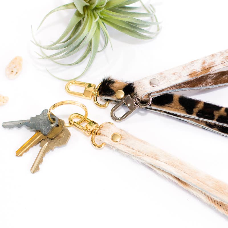 Wrist Strap Key Fob In Leather, Hair on Hide: Camo Leopard