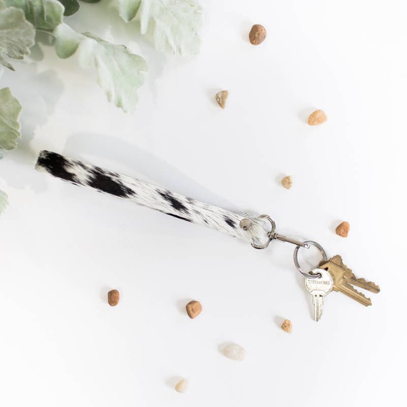 Wrist Strap Key Fob In Leather, Hair on Hide: Brown/White
