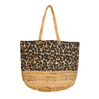 Leopard Pattern Braided Jute Tote Bag